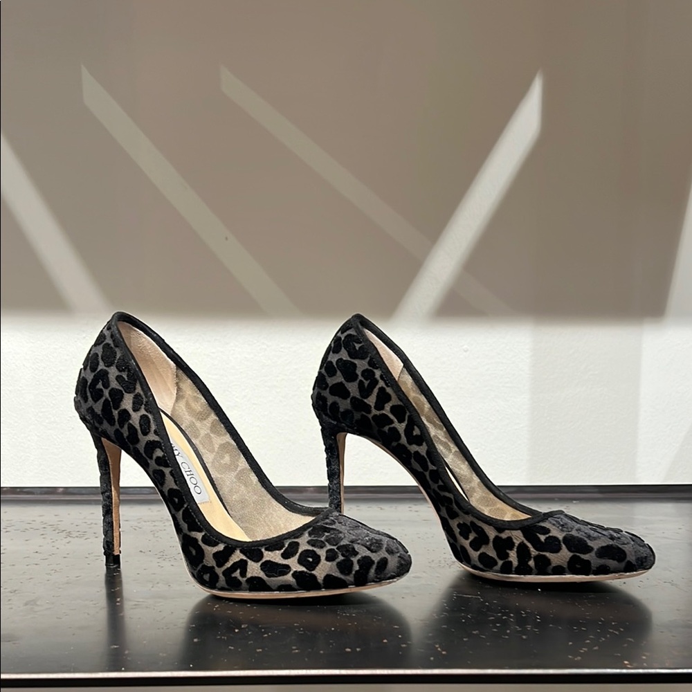 Jimmy Choo Black Suede and Mesh Leopard Round toe Pumps